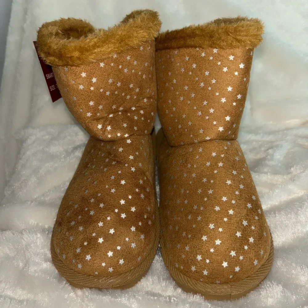 Plush Faux Fur Brown Boots With Silver Stars size 3 NIB